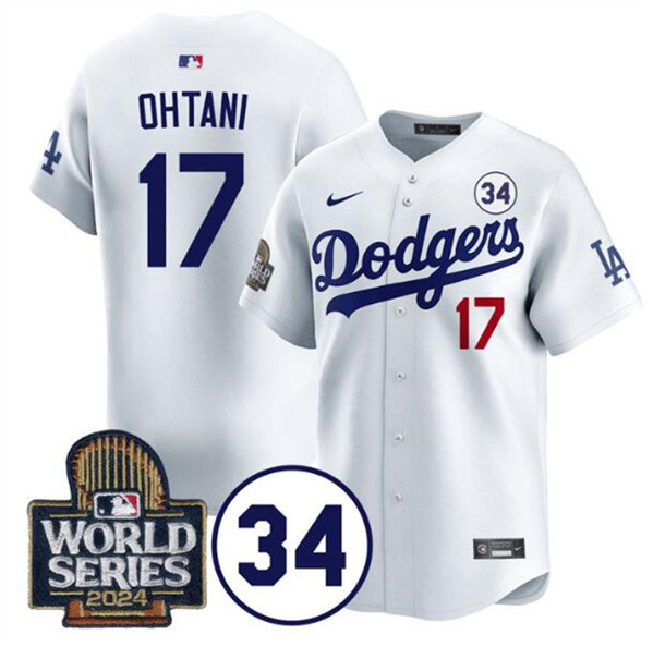 Los Angeles Dodgers #17 Shohei Ohtani White 2024 World Series With No. 34 Patch Limited Stitched Jersey